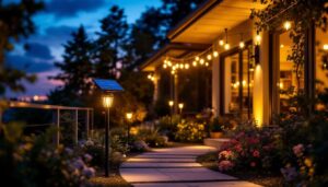 A photograph of a beautifully illuminated outdoor space featuring led solar lights