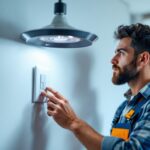 A photograph of a skilled lighting contractor expertly installing a fan light switch combo in a modern home setting