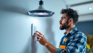 A photograph of a skilled lighting contractor expertly installing a fan light switch combo in a modern home setting