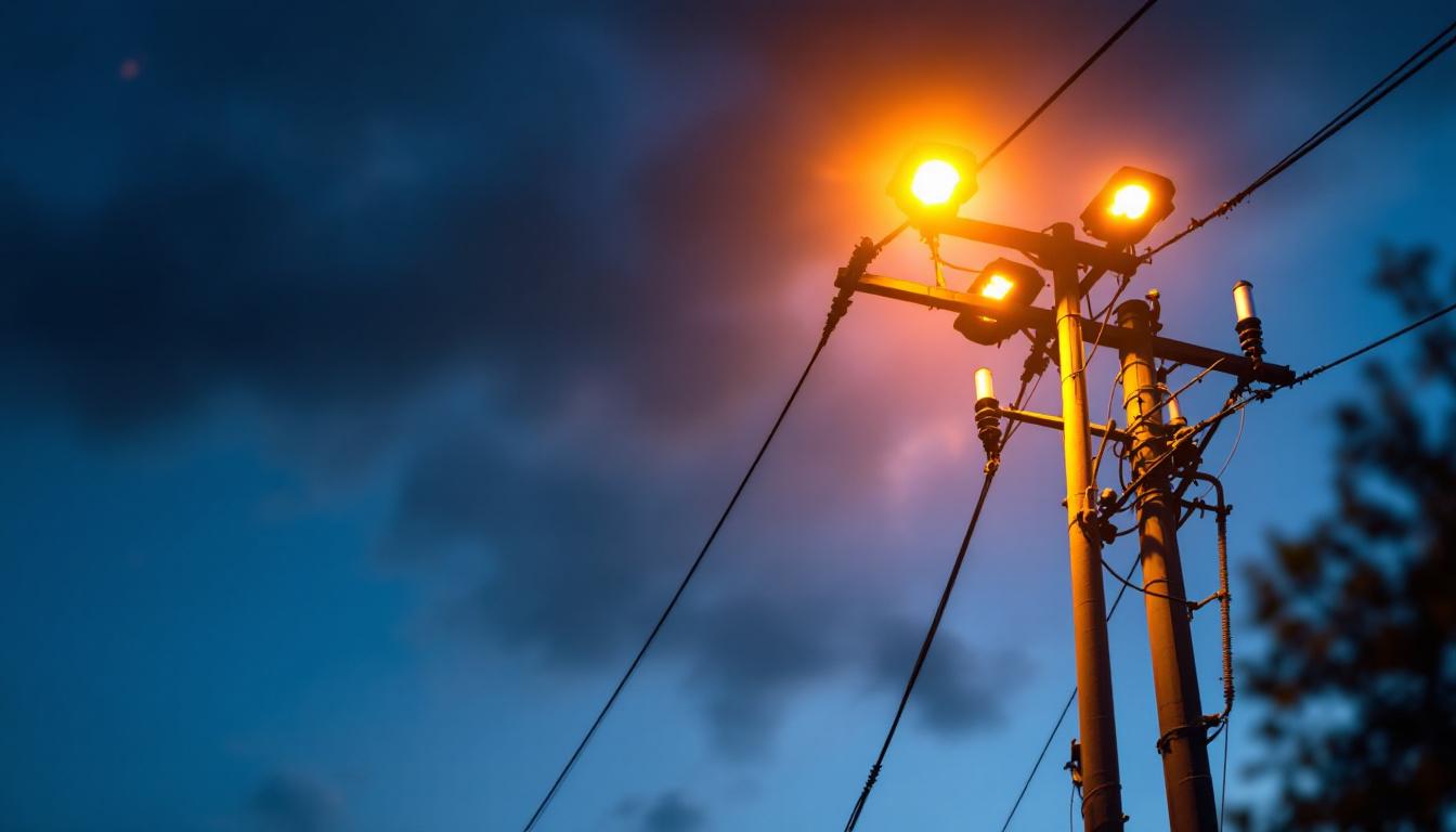 A photograph of a well-lit utility pole at dusk