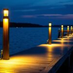 A photograph of a beautifully lit dock at dusk