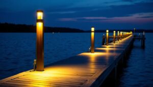 A photograph of a beautifully lit dock at dusk