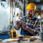 A photograph of a lighting contractor skillfully pulling wire through a conduit in a well-lit