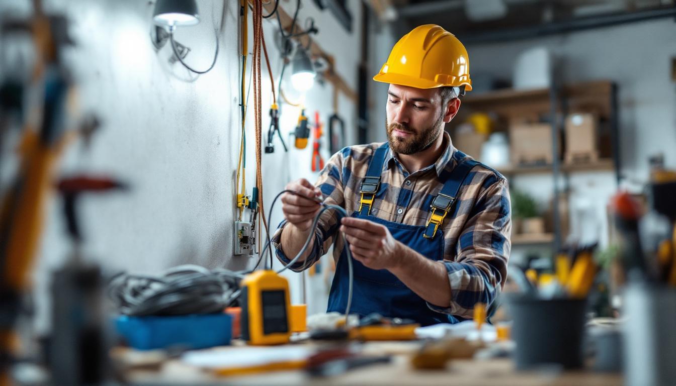 A photograph of a lighting contractor skillfully pulling wire through a conduit in a well-lit