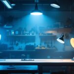 A photograph of a well-lit workshop or garage featuring various plug-in shop lights in use