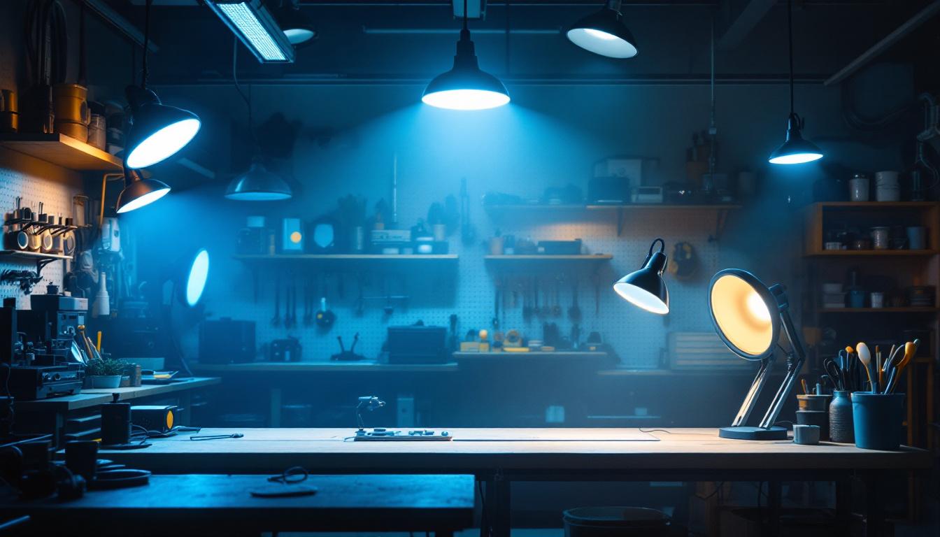 A photograph of a well-lit workshop or garage featuring various plug-in shop lights in use