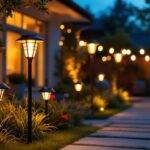 A photograph of a well-lit outdoor space showcasing various solar lights in use