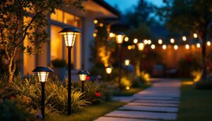 A photograph of a well-lit outdoor space showcasing various solar lights in use