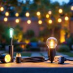 A photograph of a well-lit outdoor scene featuring various types of outdoor light fixtures