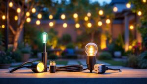A photograph of a well-lit outdoor scene featuring various types of outdoor light fixtures