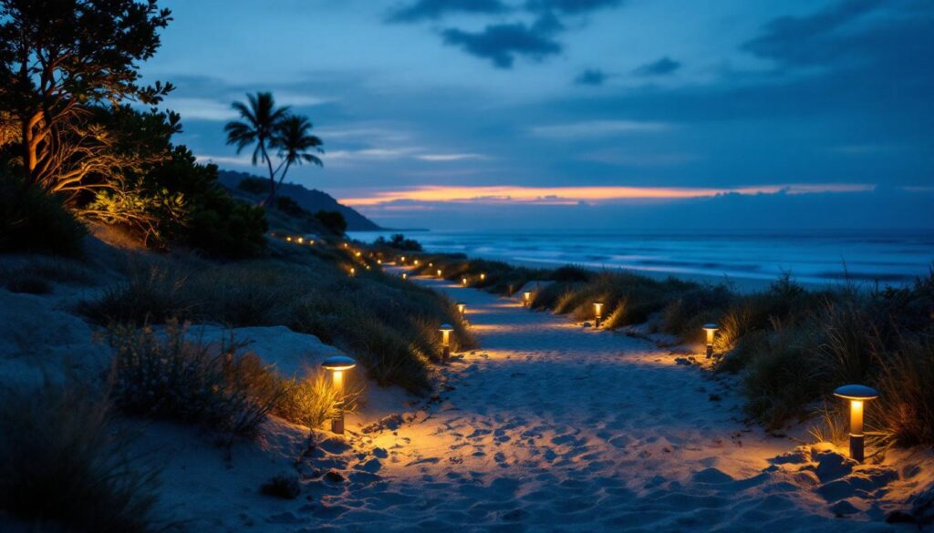 A photograph of a serene coastal scene at dusk