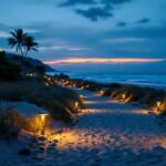 A photograph of a serene coastal scene at dusk