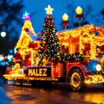 A photograph of a vibrant and creatively designed christmas parade float adorned with dazzling lights