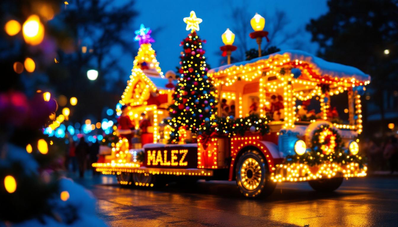 A photograph of a vibrant and creatively designed christmas parade float adorned with dazzling lights