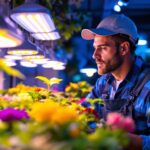 A photograph of a lighting contractor examining a vibrant display of led grow bulbs in a well-lit indoor garden setting