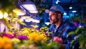 A photograph of a lighting contractor examining a vibrant display of led grow bulbs in a well-lit indoor garden setting