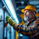 A photograph of a lighting contractor inspecting a 4ft fluorescent tube installation in a commercial setting
