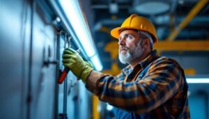 A photograph of a lighting contractor inspecting a 4ft fluorescent tube installation in a commercial setting