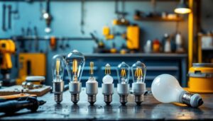 A photograph of a variety of light bulb bases arranged aesthetically on a workbench