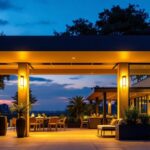 A photograph of a beautifully illuminated outdoor space featuring various roof lights in action during twilight