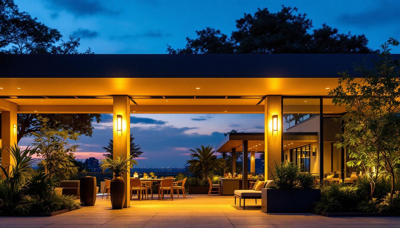 A photograph of a beautifully illuminated outdoor space featuring various roof lights in action during twilight