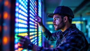 A photograph of a lighting contractor skillfully installing or adjusting rgb led lights in a modern space