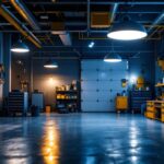 A photograph of a modern interior garage showcasing stylish and energy-efficient light fixtures
