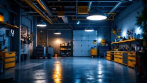 A photograph of a modern interior garage showcasing stylish and energy-efficient light fixtures