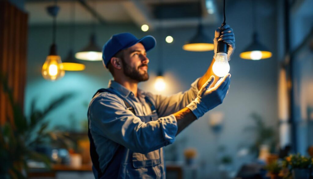 A photograph of a lighting contractor in action