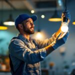 A photograph of a lighting contractor in action