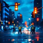A photograph of a busy urban intersection at dusk