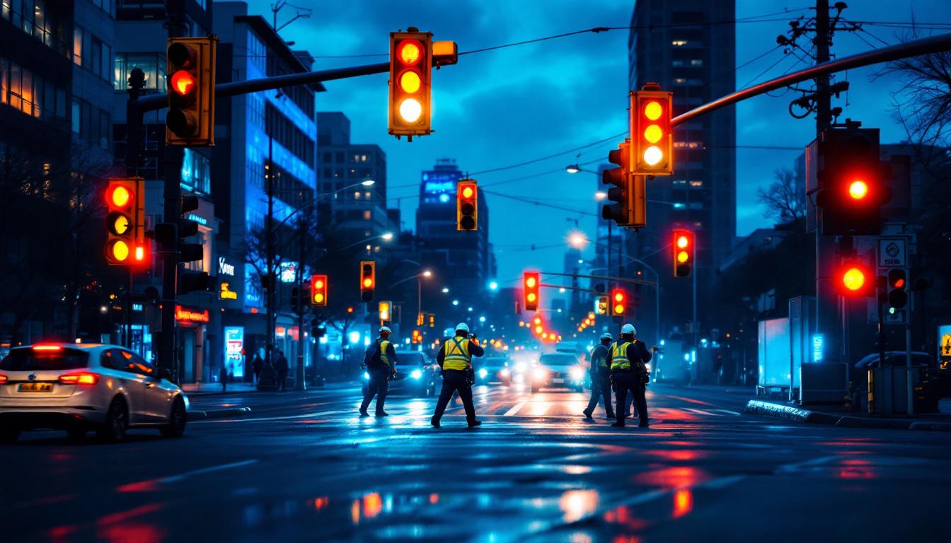 A photograph of a busy urban intersection at dusk