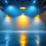 A photograph of a well-lit warehouse interior showcasing various types of industrial lighting solutions