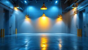 A photograph of a well-lit warehouse interior showcasing various types of industrial lighting solutions
