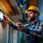 A photograph of a lighting contractor installing a motion detector for led lights in a residential or commercial setting