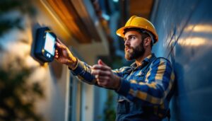 A photograph of a lighting contractor installing a motion detector for led lights in a residential or commercial setting