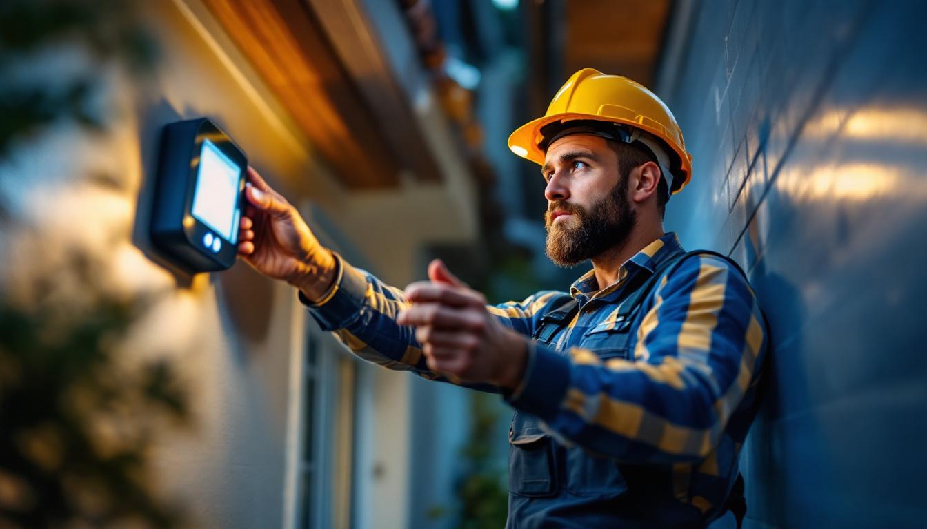 A photograph of a lighting contractor installing a motion detector for led lights in a residential or commercial setting