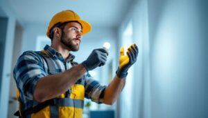 A photograph of a lighting contractor expertly installing a type s light bulb in a modern residential setting