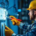 A photograph of a lighting contractor inspecting an electric washer outlet installation