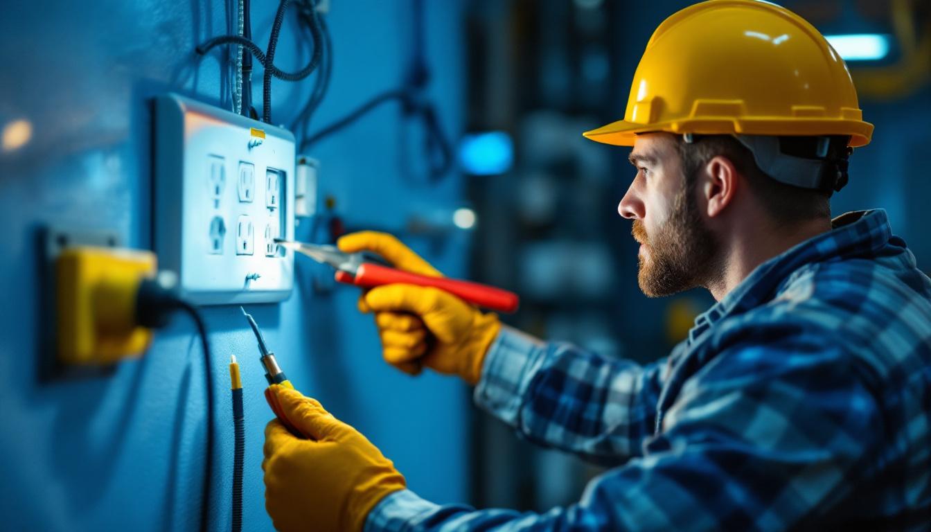 A photograph of a lighting contractor inspecting an electric washer outlet installation