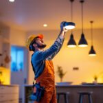 A photograph of a lighting contractor installing energy-efficient led lights in a modern american home
