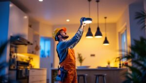 A photograph of a lighting contractor installing energy-efficient led lights in a modern american home