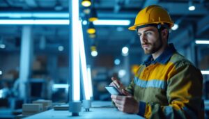 A photograph of a lighting contractor examining and comparing t5 and t8 fluorescent lights in a well-lit workspace