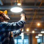 A photograph of a lighting contractor expertly installing high-efficiency led fixtures in a commercial space