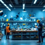 A photograph of a well-organized lighting warehouse showcasing a variety of lighting fixtures