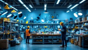 A photograph of a well-organized lighting warehouse showcasing a variety of lighting fixtures