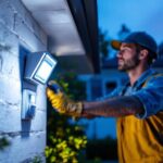 A photograph of a lighting contractor installing a floodlight motion sensor on a residential property