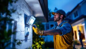 A photograph of a lighting contractor installing a floodlight motion sensor on a residential property
