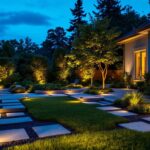 A photograph of a beautifully lit outdoor space at dusk