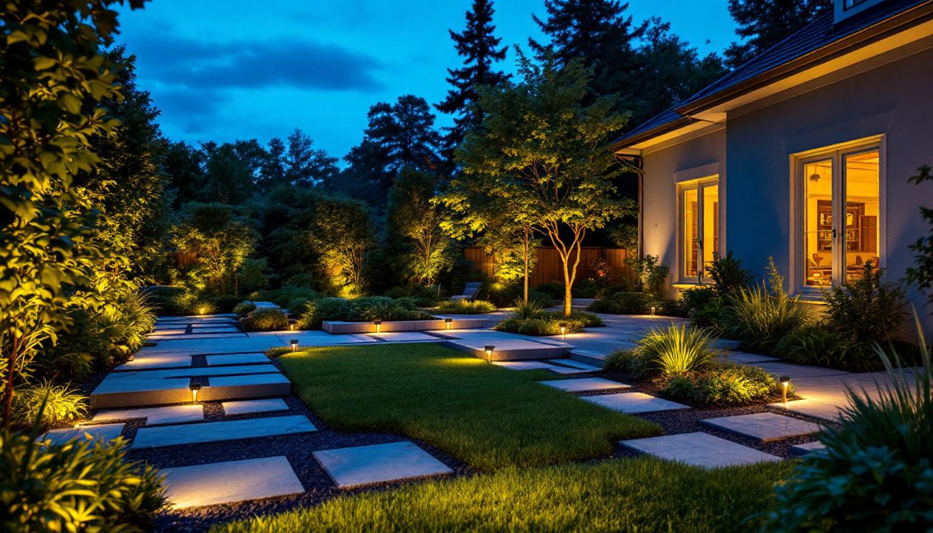 A photograph of a beautifully lit outdoor space at dusk